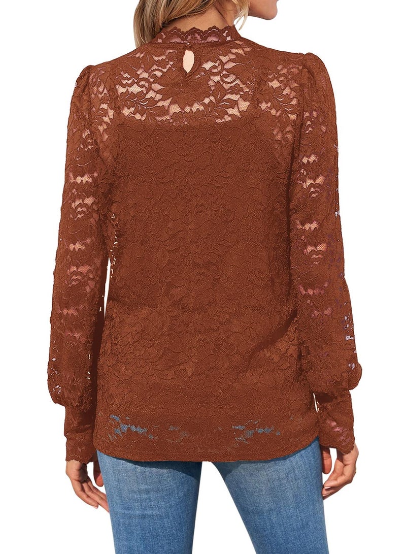 DOROSE Shirts for Women Long Sleeve Lace Mock Neck Tops Fall Fashion Blouses Caramel L - Image 2