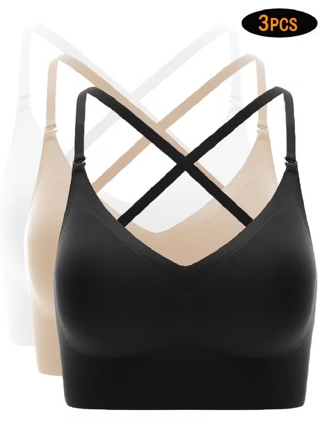 3 قطع حمالات صدر بدون درزات وبدون ظهر للنساء - تصميمات بأحزمة على شكل حرف X وU، حمالة صدر لاسلكية مع وسادات قابلة للإزالة، ملابس داخلية عالية الدعم للاستخدام اليومي والمناسبات الخاصة - كاكي، أبيض، وأسود - Image 1