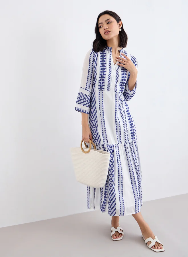 Styli Styli Jacquard Notch Neck Tiered Midi Dress