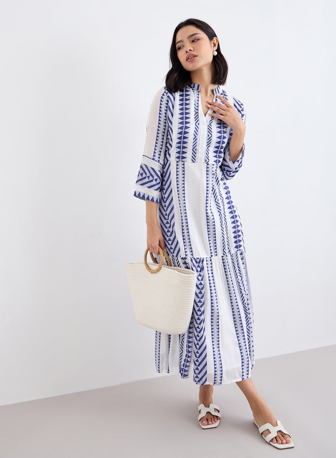 Styli Jacquard Notch Neck Tiered Midi Dress - Image 1