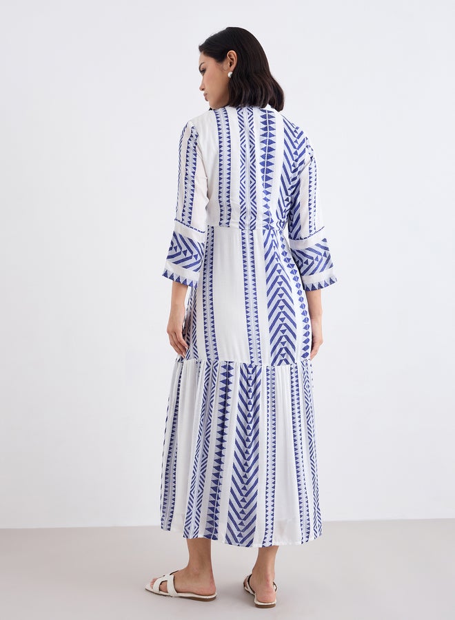 Styli Jacquard Notch Neck Tiered Midi Dress - Image 4