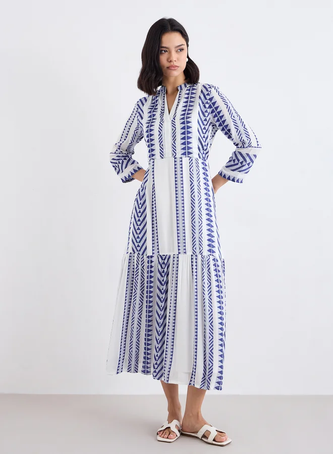 Styli Styli Jacquard Notch Neck Tiered Midi Dress