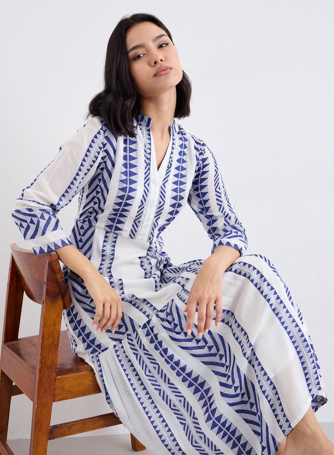 Styli Jacquard Notch Neck Tiered Midi Dress - Image 5