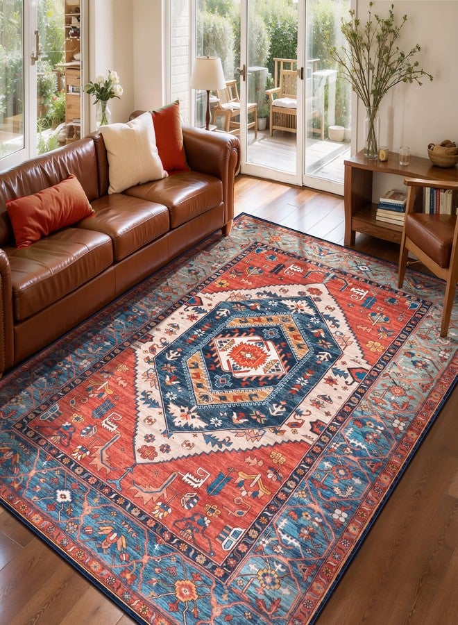 SERISSA Area Rug 3x5 Boho Rust Rugs for Bedroom, Washable Kitchen Rugs Non-Slip, Ultra Soft Print Distressed Tribal Entry Rug Low-Pile Throw Rug Carpet for Bedroom Nursery Living Room Dorm Decor - Image 2