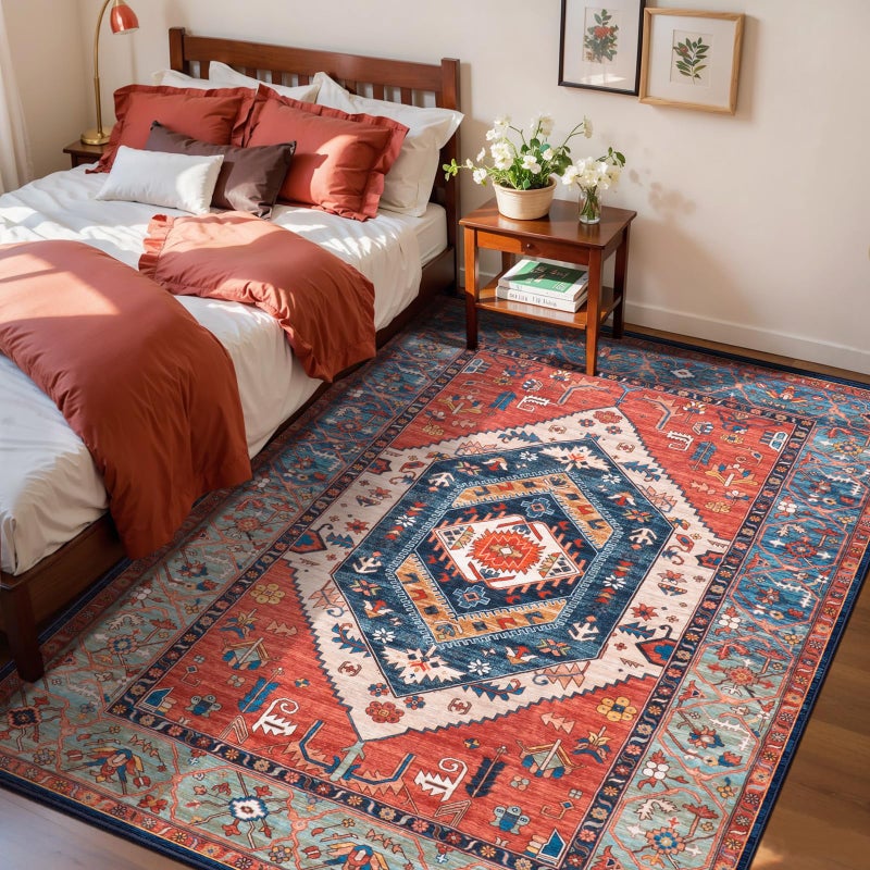 SERISSA Area Rug 3x5 Boho Rust Rugs for Bedroom, Washable Kitchen Rugs Non-Slip, Ultra Soft Print Distressed Tribal Entry Rug Low-Pile Throw Rug Carpet for Bedroom Nursery Living Room Dorm Decor - Image 1