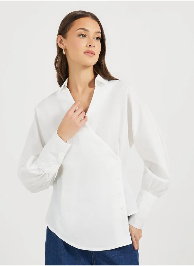 Styli Asymmetric Hem Collared Wrap Top