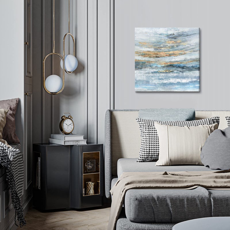 Nicetop Abstract Canvas Wall Art Framed Light Blue Canvas Print Coastal Theme Artwork Modern Ocean Skyline and Sunset & Sunrise in the Seaside Large Sea Picture for Home Bedroom Decor 24x24inch - Image 5
