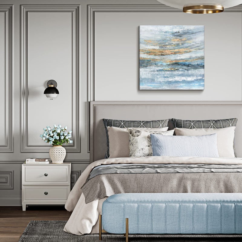 Nicetop Abstract Canvas Wall Art Framed Light Blue Canvas Print Coastal Theme Artwork Modern Ocean Skyline and Sunset & Sunrise in the Seaside Large Sea Picture for Home Bedroom Decor 24x24inch - Image 4