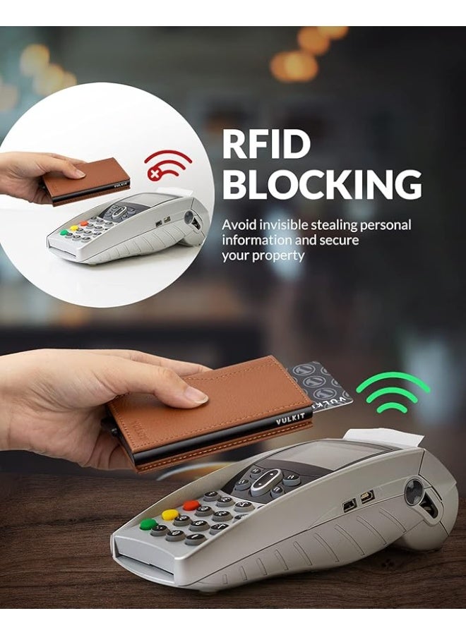 فولكيت VULKIT حافظة بطاقات جلدية بتصميم نافذتين لبطاقة الهوية مزودة بتقنية RFID للحماية وآلية منبثقة تلقائية لحفظ البطاقات والأوراق النقدية - Image 5
