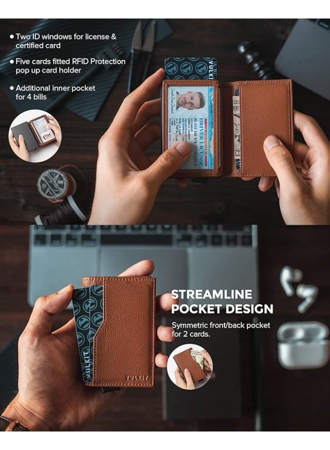فولكيت VULKIT حافظة بطاقات جلدية بتصميم نافذتين لبطاقة الهوية مزودة بتقنية RFID للحماية وآلية منبثقة تلقائية لحفظ البطاقات والأوراق النقدية - Image 3