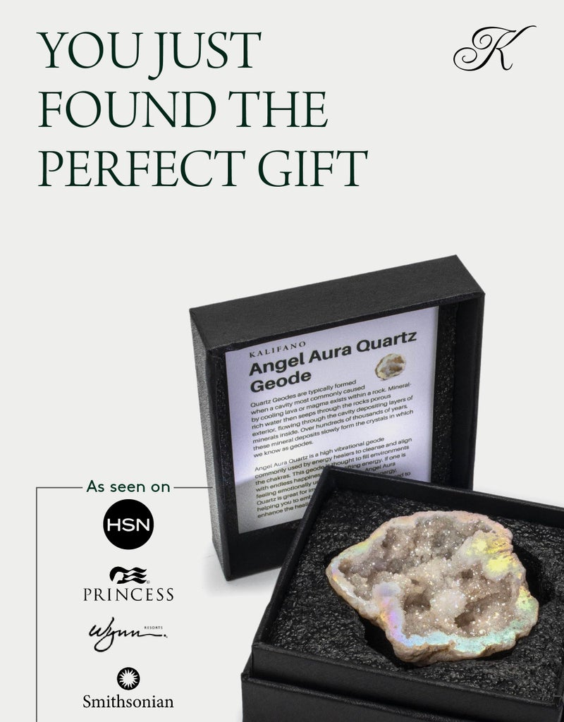 KALIFANO Angel Aura Quartz Geode - Titanium Bonded High Energy Crystal Cuarzo Cluster/Druzy with Information Card - Natural Reiki Rock Used for Clarity and Purpose (Family Owned and Operated) - Image 5
