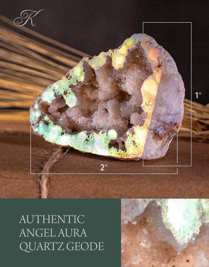 KALIFANO Angel Aura Quartz Geode - Titanium Bonded High Energy Crystal Cuarzo Cluster/Druzy with Information Card - Natural Reiki Rock Used for Clarity and Purpose (Family Owned and Operated) - Image 3