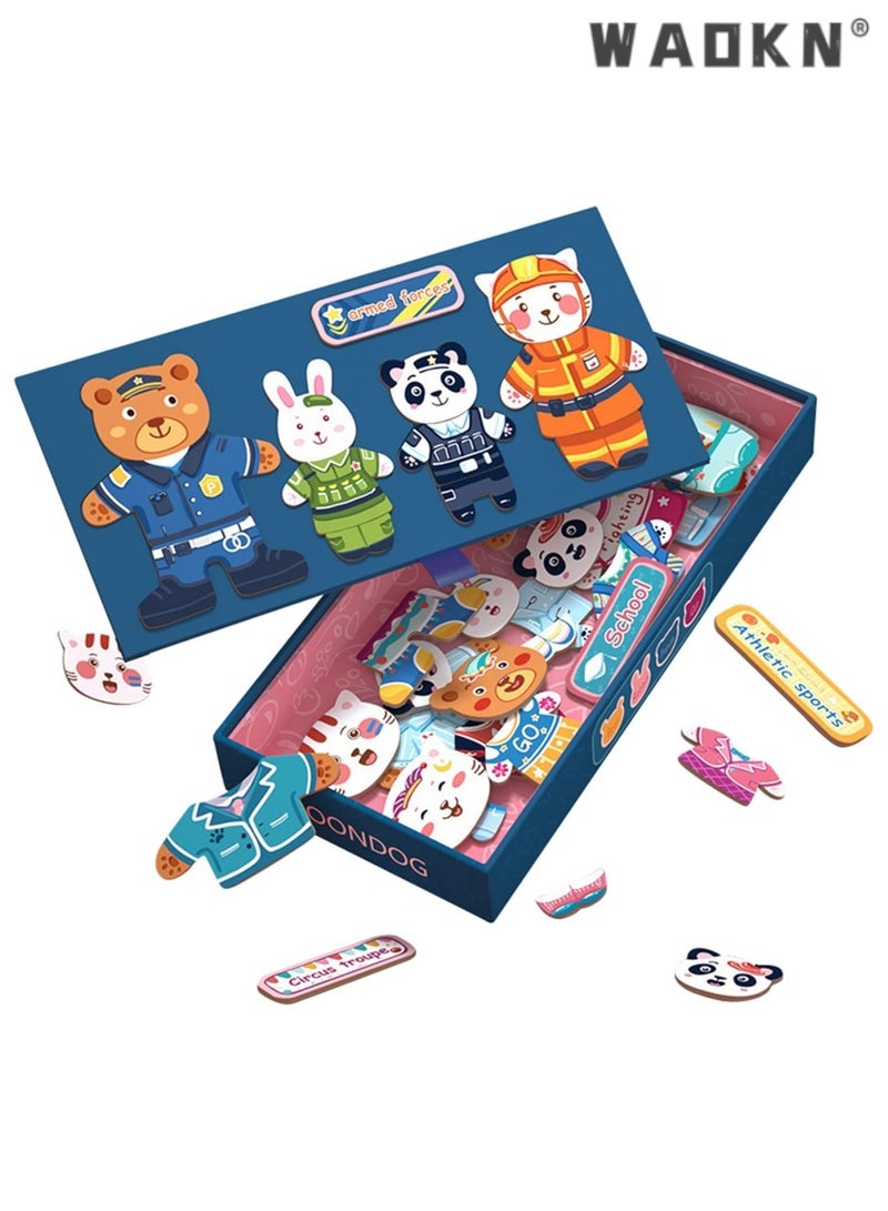 WAOKN Wooden Bear Dress up Puzzle Box,Sorting and Matching Jigsaw Puzzle,Bear Rabbit Panda Cat Wooden Sorting Toys for 3 Year Old,Toddler Magnetic Puzzles Wooden Animal Dress Up Matching Games  - Image 2
