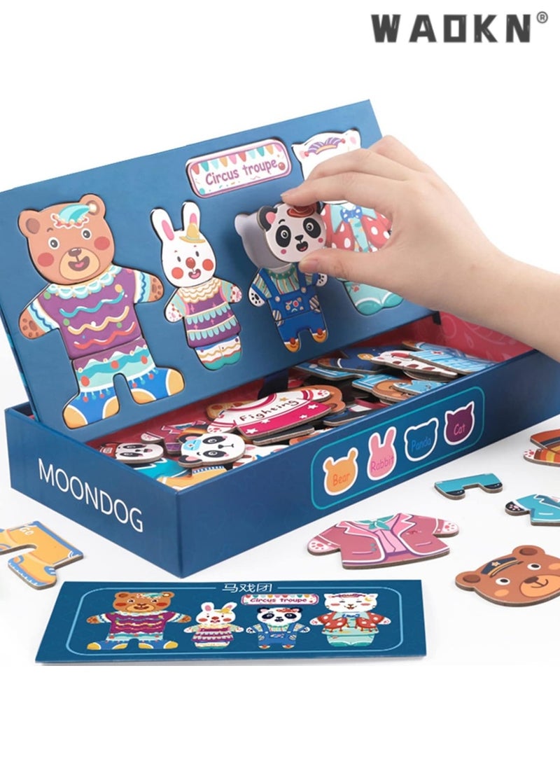 WAOKN Wooden Bear Dress up Puzzle Box,Sorting and Matching Jigsaw Puzzle,Bear Rabbit Panda Cat Wooden Sorting Toys for 3 Year Old,Toddler Magnetic Puzzles Wooden Animal Dress Up Matching Games  - Image 1