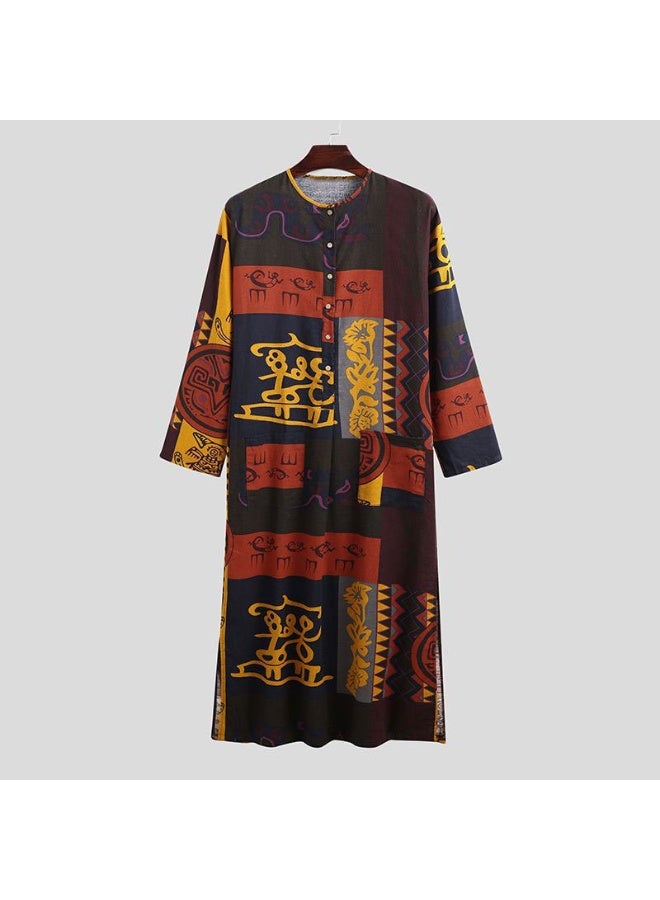Loquat Men's Traditional Dresses Striped Henley Shirts Kaftan Muslim Long Gown Thobe Robe for Men Symbol Pattern 