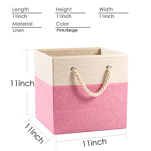 PRANDOM Large Foldable Cube Storage Bins 11x11 inch [4-Pack] Fabric Linen Storage Baskets Cubes Drawer with Cotton Handles Organizer for Shelves Nursery Closet Bedroom Pink - Image 5