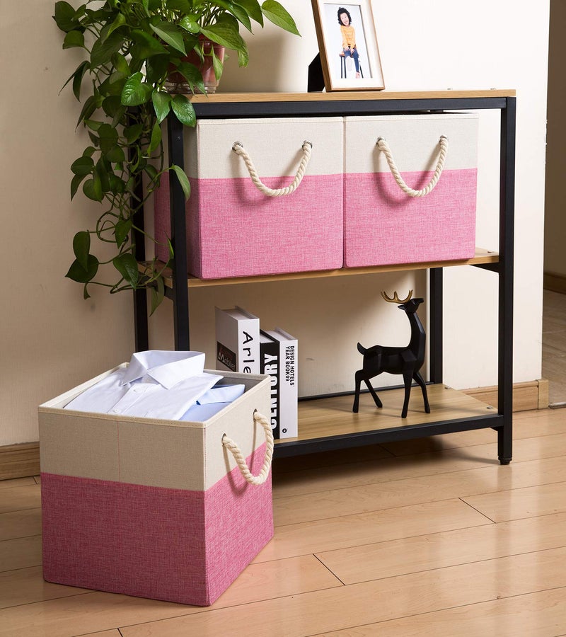 PRANDOM Large Foldable Cube Storage Bins 11x11 inch [4-Pack] Fabric Linen Storage Baskets Cubes Drawer with Cotton Handles Organizer for Shelves Nursery Closet Bedroom Pink - Image 3