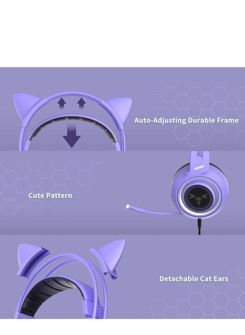 سوميك somic g951s الأرجواني سماعات ستيريو لعبة مع ميكروفون ، PS4 ، PS5 ، إكس بوكس واحد ، وأجهزة الكمبيوتر ، والهواتف المحمولة ، انفصال القط الأذن 3.5mm الحد من الضوضاء سماعات لعبة كمبيوتر - Image 5