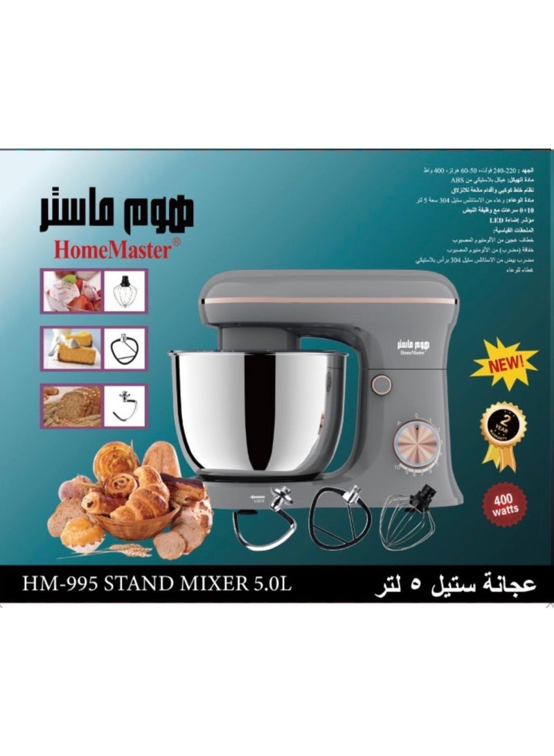 عجانة كهربائية مع وعاء من الاستانلس ستيل سعة 5لتر، 400 واط، 10 سرعات مع وظيفة النبض، مؤشر اضاءة LED، تأتي مع 4 لحقات( خطاف عجين، خفاقة مضرب، مضرب بيض، غطاء الوعاء) موديل HM-995