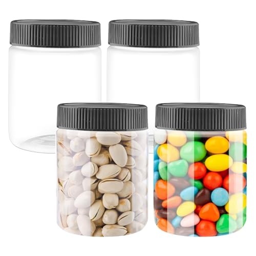 FEOOWV 10 Oz Clear Plastic Jars with Black Lids Refillable Kitchen Storage Containers for Dry Food Coffee Nuts and More (4), Clear+Black - Image 1