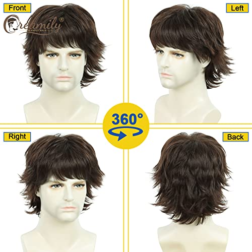 Creamily Short Curly Hair Big Wig for Man,Brown Natural Cosplay for Men,Realistic Man Hair Wig,Layered Fluffy Wolf Cut Wigs (Brown, 10inches) - Image 3