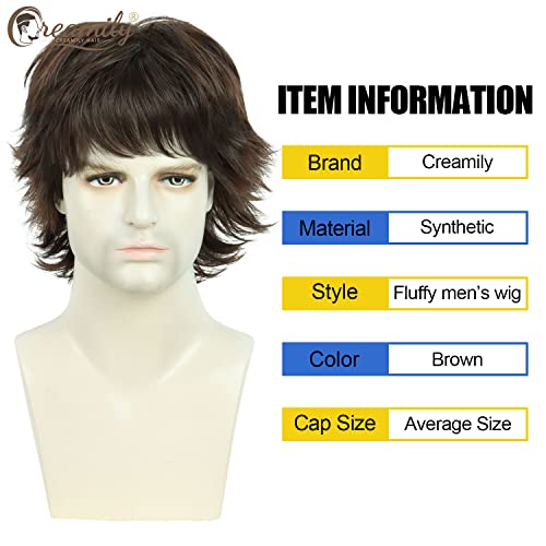 Creamily Short Curly Hair Big Wig for Man,Brown Natural Cosplay for Men,Realistic Man Hair Wig,Layered Fluffy Wolf Cut Wigs (Brown, 10inches) - Image 4