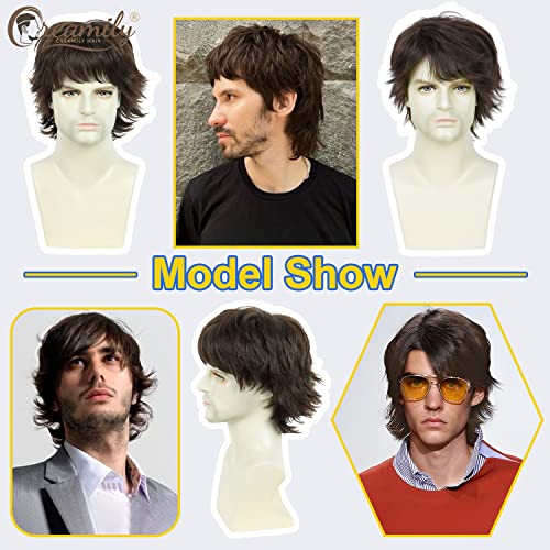 Creamily Short Curly Hair Big Wig for Man,Brown Natural Cosplay for Men,Realistic Man Hair Wig,Layered Fluffy Wolf Cut Wigs (Brown, 10inches) - Image 2
