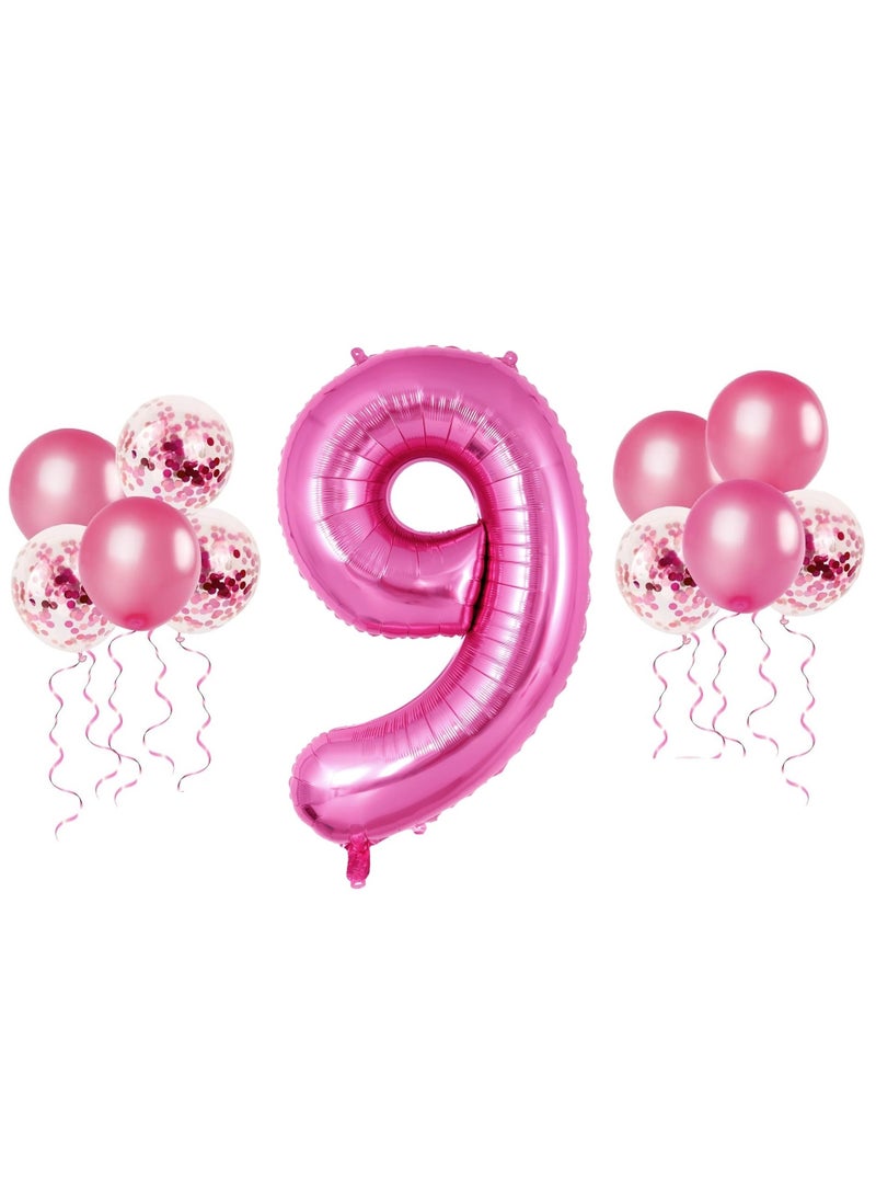 40 Inch Pink Number 9 Balloon 9th Birthday Balloons 10Pcs Pink Latex & Confetti Balloons for Baby Boy Girl 9th Birthday Party Decorations Anniversary  - Image 1