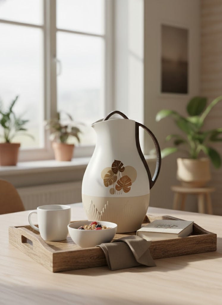 GAZELLA Plastic Tea/Coffee Flask 1 Liter Off White/Beige/Brown, Borosilicate Glass Inside - Image 1