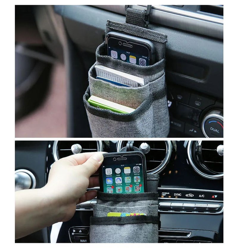 Grey Car Vent Organizer With Data Cable Hole For Phone Powerbank Documents - Image 2