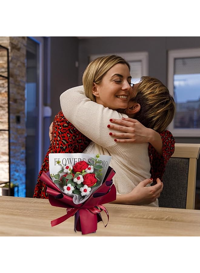 erorex Handmade Knitted Bouquet Durable Crochet Flower Bouquet Unique Rose Handmade Knitted Flowers Bouquet With Exquisite Wrap Eternal Flower Dried Flower Bouquet Hand Woven Rose Bouquet For Wedding - Image 2