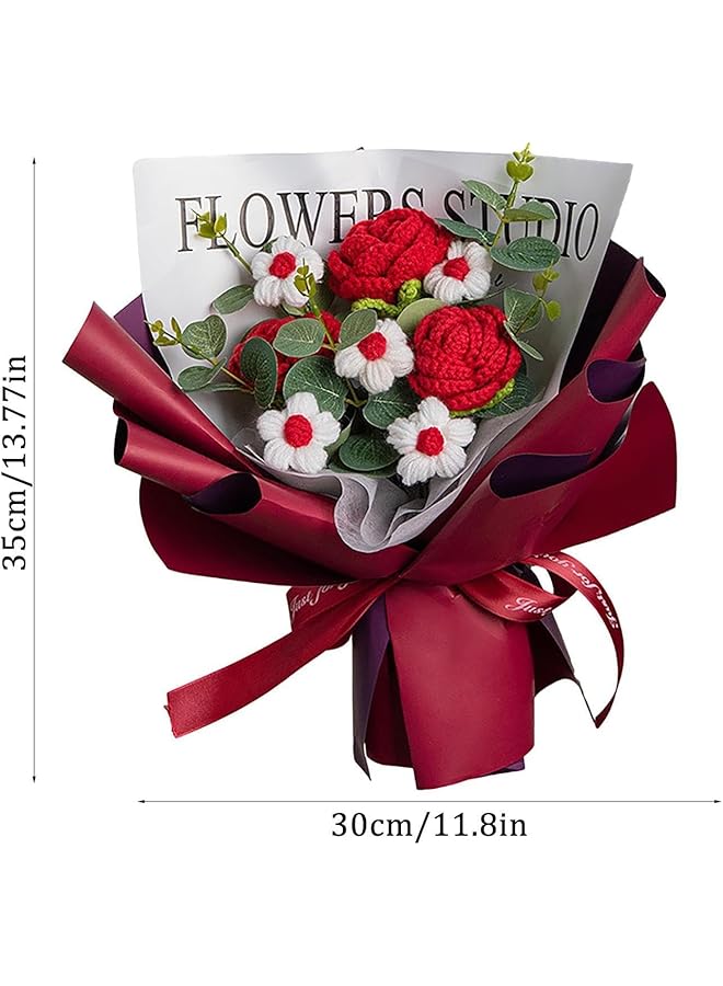 erorex Handmade Knitted Bouquet Durable Crochet Flower Bouquet Unique Rose Handmade Knitted Flowers Bouquet With Exquisite Wrap Eternal Flower Dried Flower Bouquet Hand Woven Rose Bouquet For Wedding - Image 5