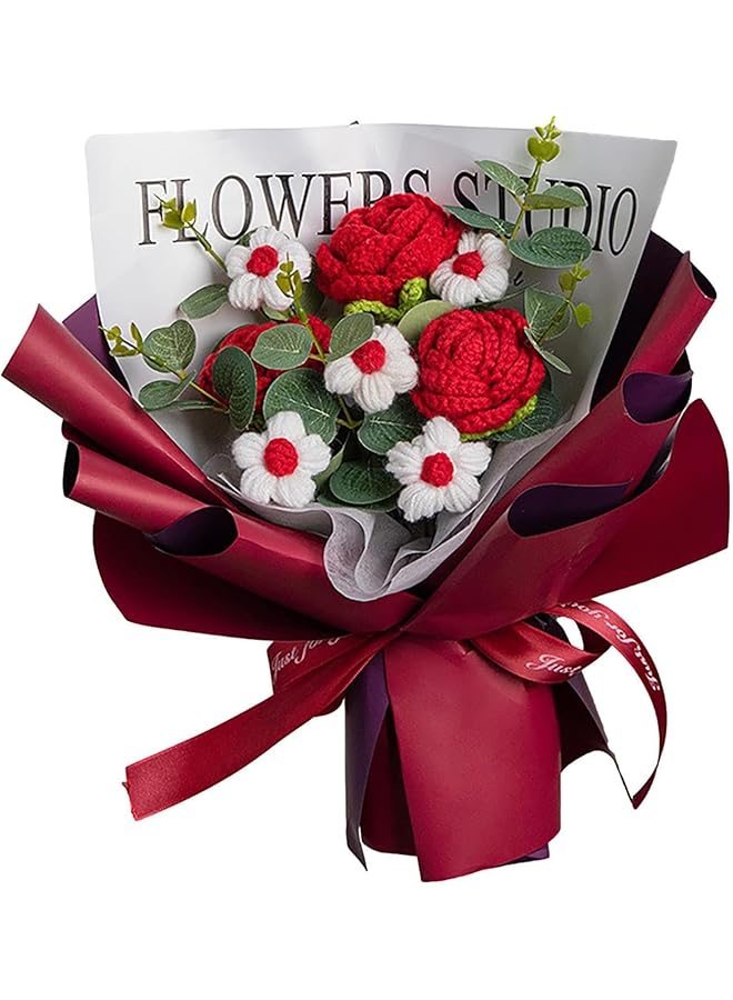 erorex Handmade Knitted Bouquet Durable Crochet Flower Bouquet Unique Rose Handmade Knitted Flowers Bouquet With Exquisite Wrap Eternal Flower Dried Flower Bouquet Hand Woven Rose Bouquet For Wedding - Image 1