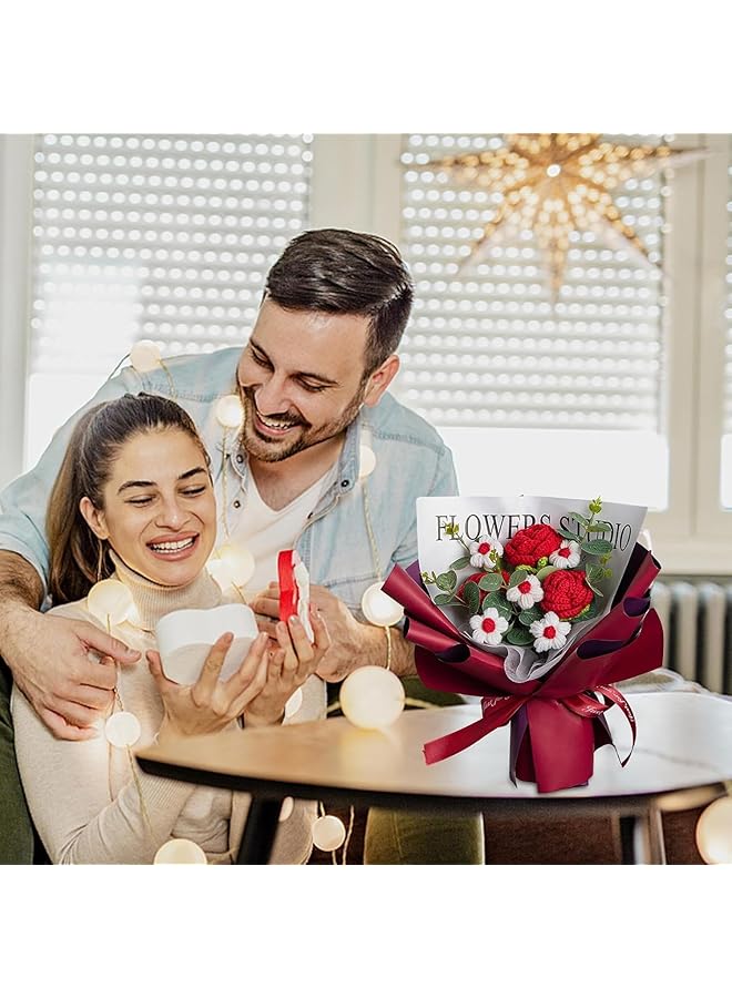 erorex Handmade Knitted Bouquet Durable Crochet Flower Bouquet Unique Rose Handmade Knitted Flowers Bouquet With Exquisite Wrap Eternal Flower Dried Flower Bouquet Hand Woven Rose Bouquet For Wedding - Image 4