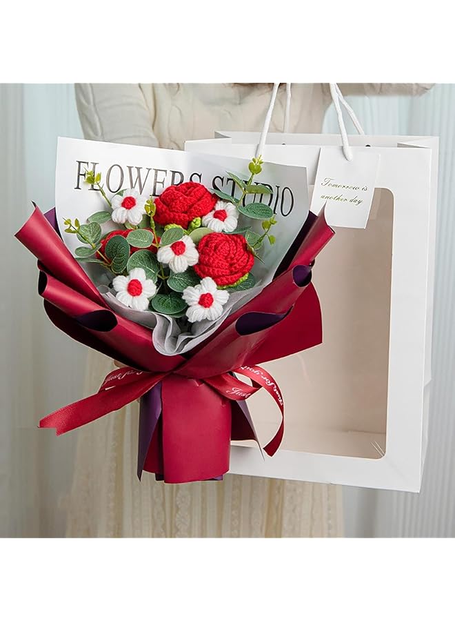erorex Handmade Knitted Bouquet Durable Crochet Flower Bouquet Unique Rose Handmade Knitted Flowers Bouquet With Exquisite Wrap Eternal Flower Dried Flower Bouquet Hand Woven Rose Bouquet For Wedding - Image 3