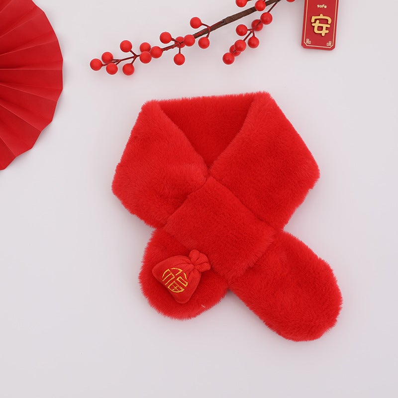 New Year Children'S Scarf Chinese Red Red Imitation Rabbit Fur Scarf Tiger Year Baby Festive Scarf New Year Scarf - Image 1