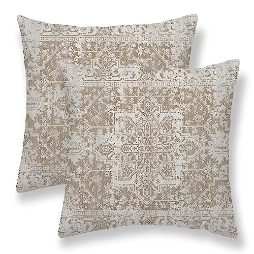 Sunshineyan Boho Pillow Covers 18x18 Set of 2, Brown Beige Carpet Pattern Outdoor Decorative Throw Pillows Ethnic Rustic Farmhouse Cushion Cases Linen Gifts for Couch Sofa Decor - Image 1