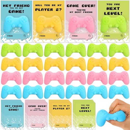 Arrowbash 28 Sets Valentines Day Gifts for Kids Video Game Controller Stress Ball with Cards Stress Relief Controllers Video Game Party Favor for Adults Boys Girls Birthday Supplies Goody Bag Matte - Image 1