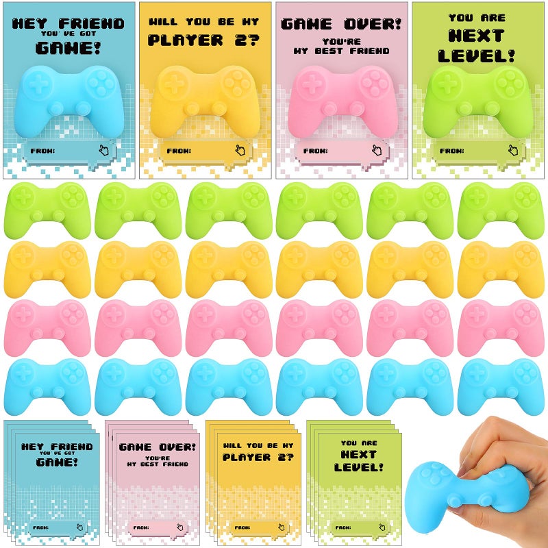 Arrowbash 28 Sets Valentines Day Gifts for Kids Video Game Controller Stress Ball with Cards Stress Relief Controllers Video Game Party Favor for Adults Boys Girls Birthday Supplies Goody Bag Matte - Image 3