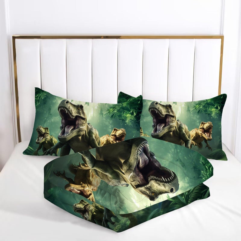 VTKON Kids Dinosaur Comforter Set Full Size for Boys Green Dino Quilt Set Soft Microfiber Dino Bed Set for All Season Use Dinosaur Bedding Set with 1 Comforter + 2 Pillowcases - Image 3