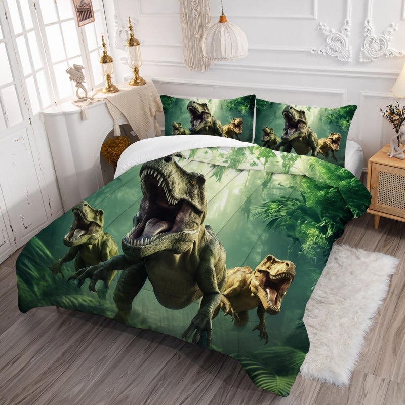 VTKON Kids Dinosaur Comforter Set Full Size for Boys Green Dino Quilt Set Soft Microfiber Dino Bed Set for All Season Use Dinosaur Bedding Set with 1 Comforter + 2 Pillowcases - Image 2