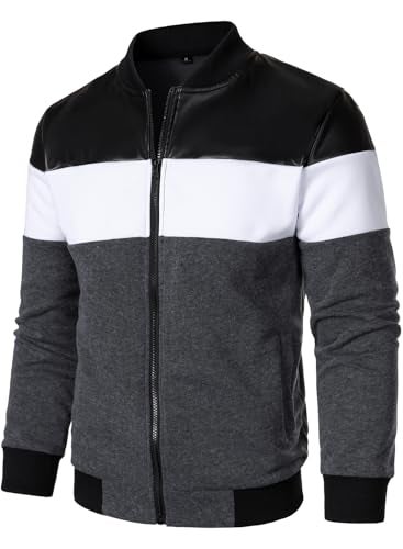 FANARCHER Mens Lightweight Bomber Jacket Casual Zipper Coat Color Block with Faux Leather Varsity Jacket - Image 4