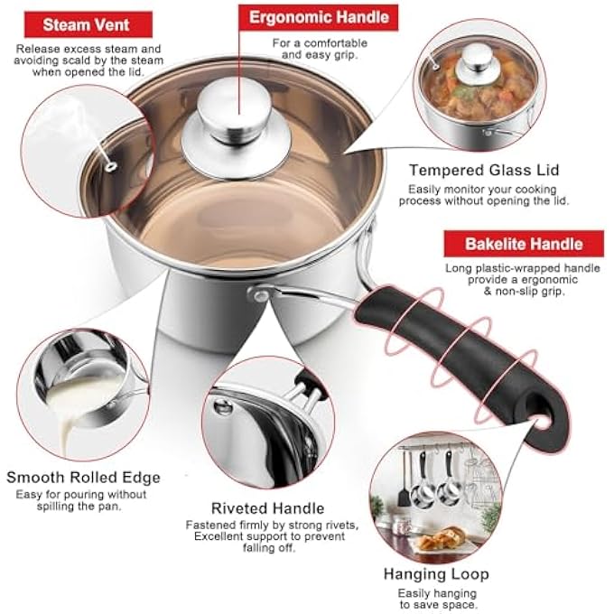 Azonee Stainless Steel Saucepan 19L Milk Pot With Glass Lid Suitable For Gas Electric Ceramic Cooktop Ideal For Boiling Stewing Heavy Duty With Bakelite Handle Dishwasher Safe Easy To Clean - Image 5