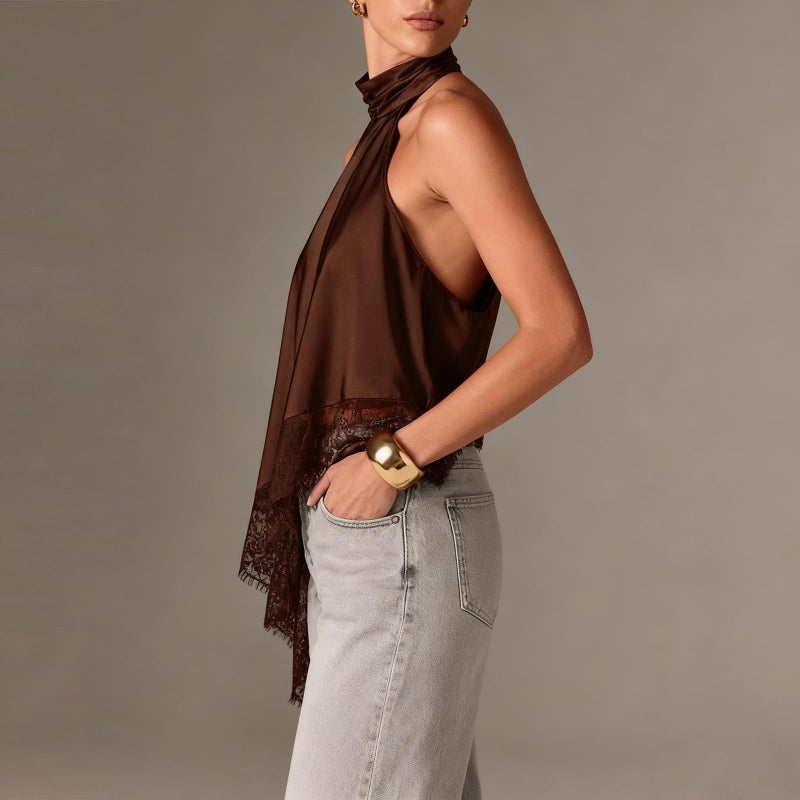 KMBANGI Women Satin Halter Top Y2K Mock Neck Lace Trim Asymmetrical Hem Tank Top Sleeveless Going Out Crop Tops A Brown - Image 3