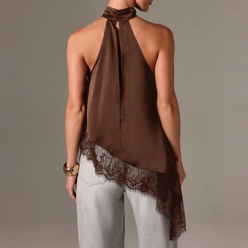 KMBANGI Women Satin Halter Top Y2K Mock Neck Lace Trim Asymmetrical Hem Tank Top Sleeveless Going Out Crop Tops A Brown - Image 4