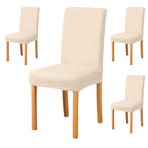 Styleys Jacquard Chair Cover Stretch Removable Washable Dining Chair Cover Protector Seat Slipcover (Pack of 4, Ivory, JDMC1) - Image 1