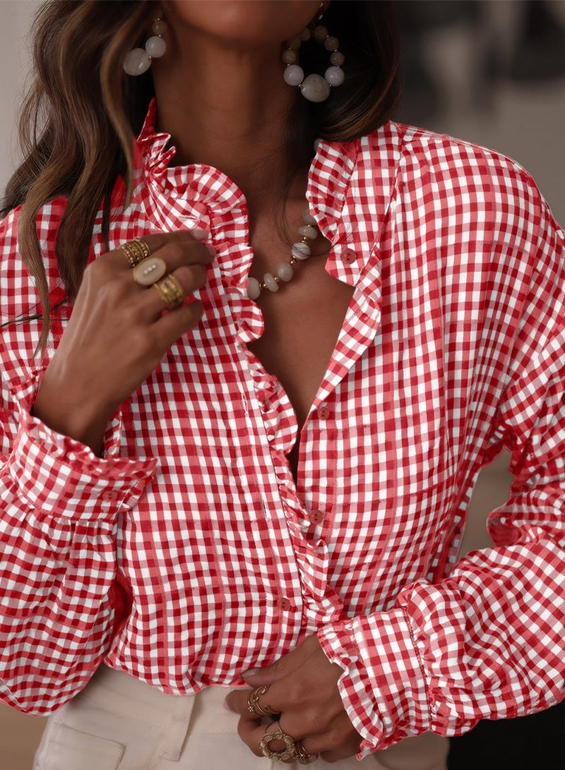 Astylish Womens Dressy Casual Button Down Shirts Ruffle Long Sleeve V Neck Checkered Work Blouse Business Casual 2025 Fall Blouse Tops Fiery Red Medium - Image 2