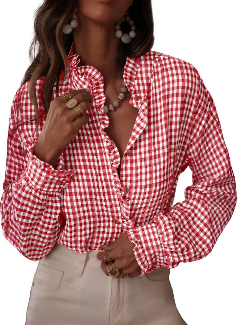 Astylish Womens Dressy Casual Button Down Shirts Ruffle Long Sleeve V Neck Checkered Work Blouse Business Casual 2025 Fall Blouse Tops Fiery Red Medium - Image 1