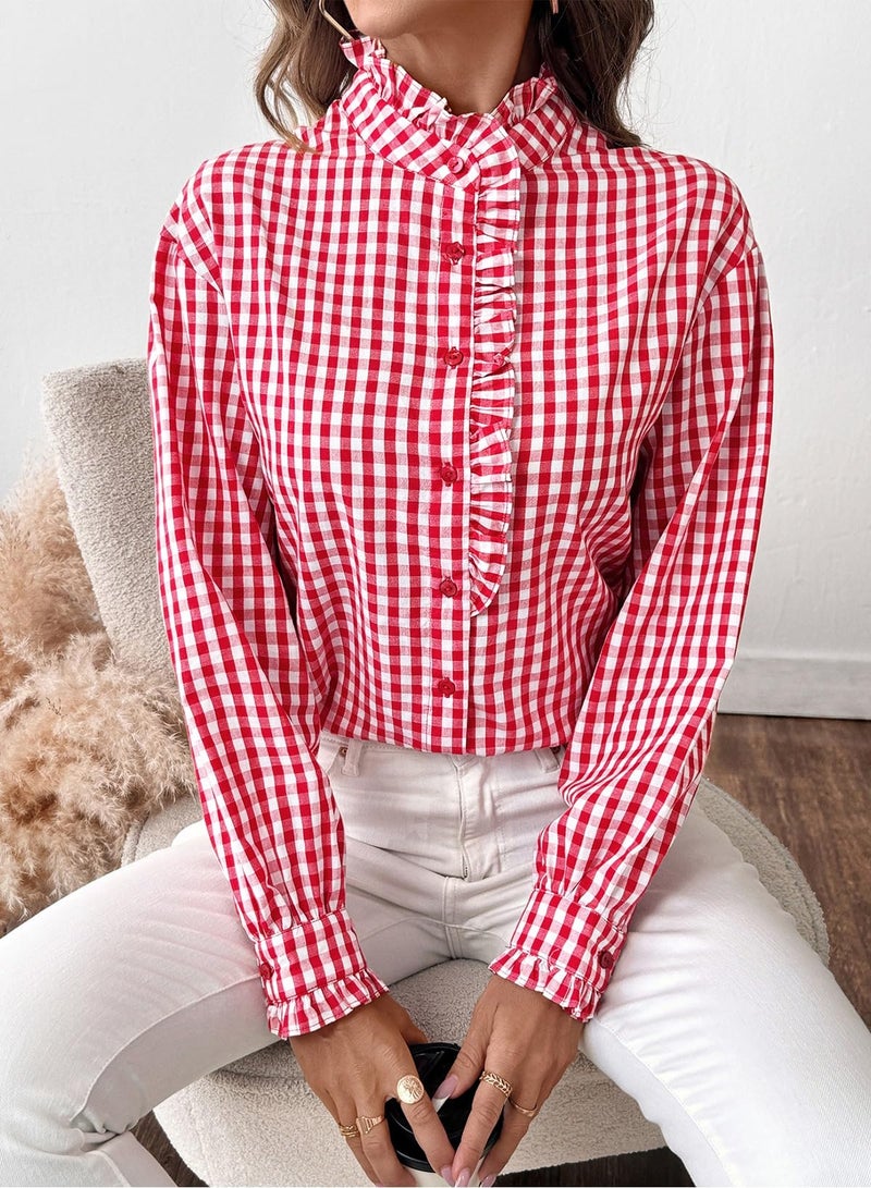 Astylish Womens Dressy Casual Button Down Shirts Ruffle Long Sleeve V Neck Checkered Work Blouse Business Casual 2025 Fall Blouse Tops Fiery Red Medium - Image 4