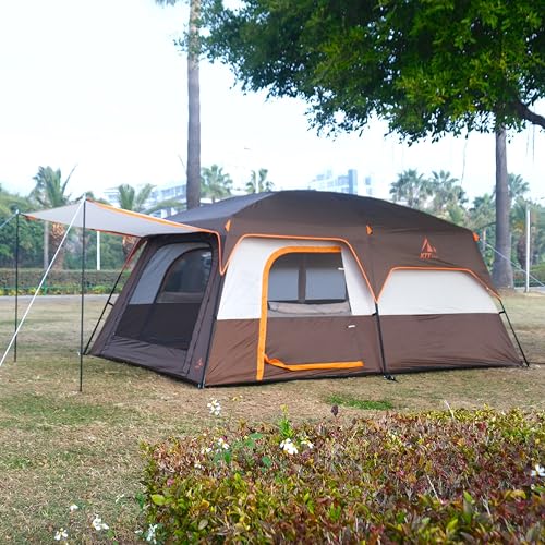 KTT Extra Large Tent 12 Person(A),Family Cabin Tents,2 Rooms,3 Doors and 3 Windows with Mesh,Straight Wall,Waterproof,Double Layer,Big Tent for Outdoor,Picnic,Camping,Family Gathering(Brown) - Image 4